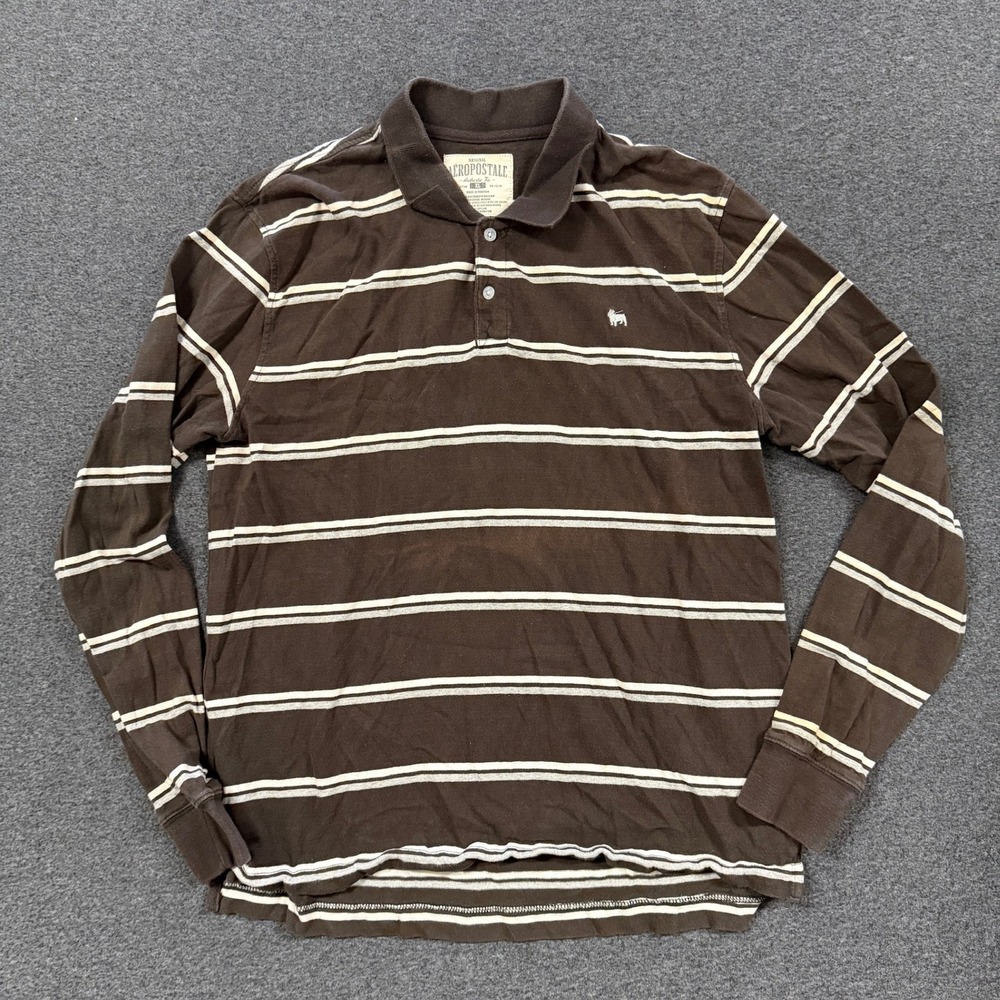 Vintage Aeropostale Striped Polo Shirt Mens XL Brown Good Long Sleeve Rugby